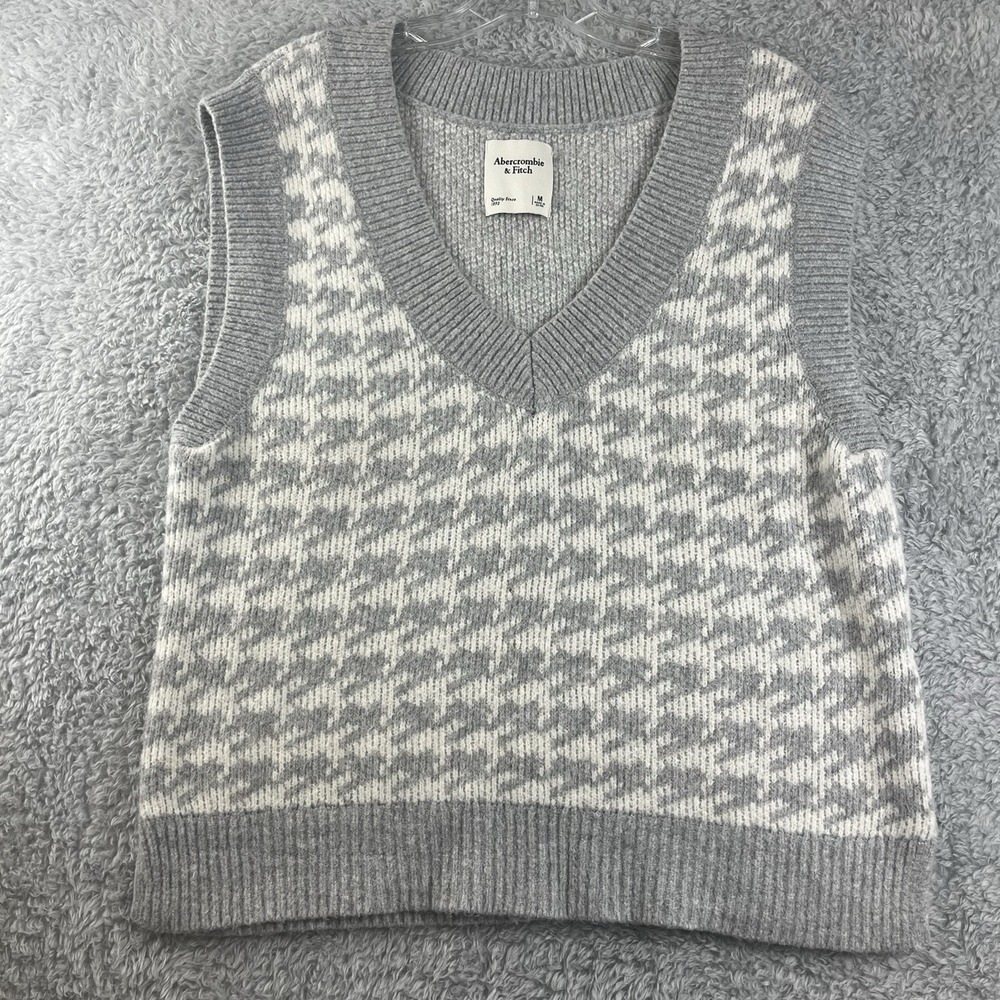 Abercrombie & Fitch Grey White Houndstooth V-Neck Sweater Vest Womens Medium